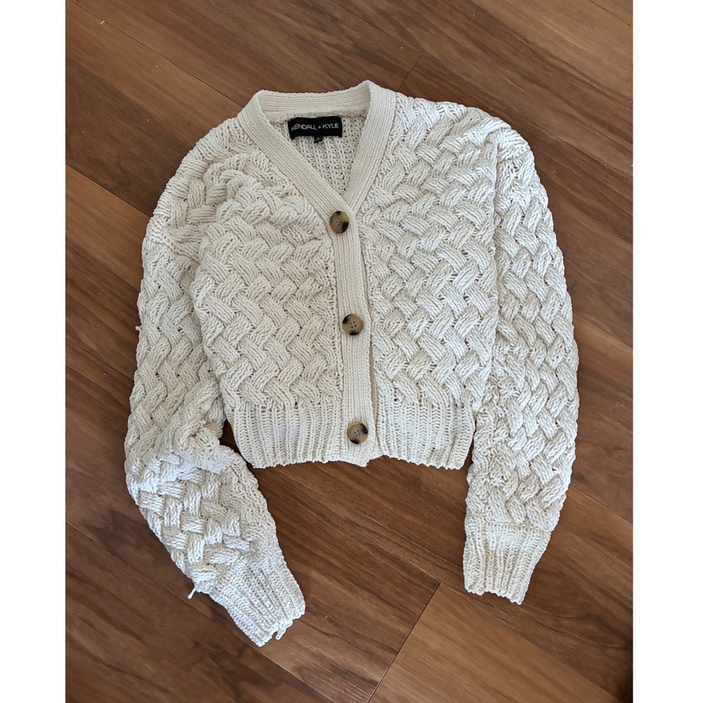 Kendall + Kylie Womens Cream Basketweave Cable Knit Cropped Cardigan Sweater S